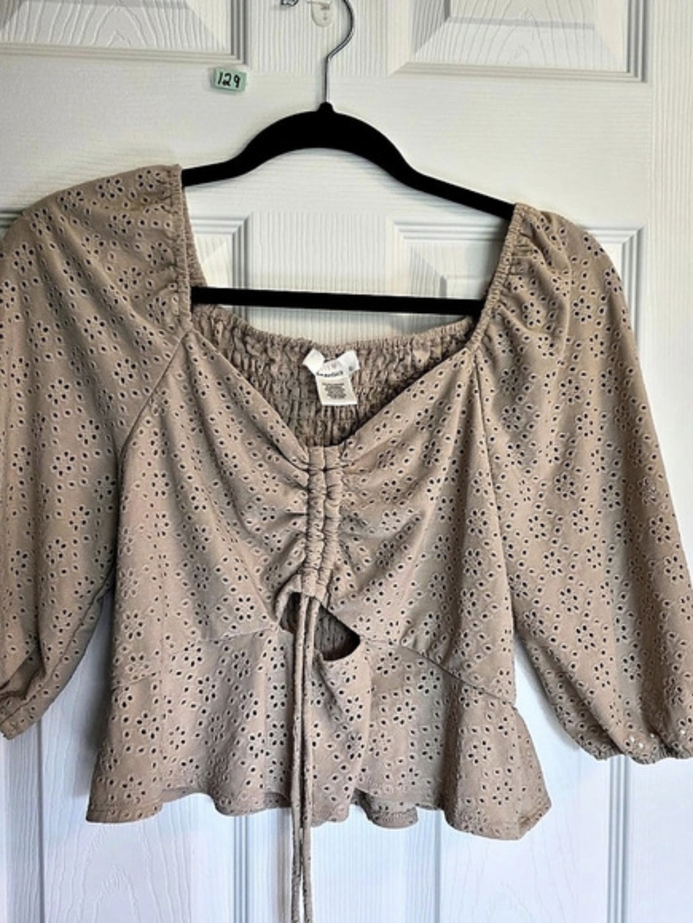 Romantic Eyelet Smocked Blouse in Beige